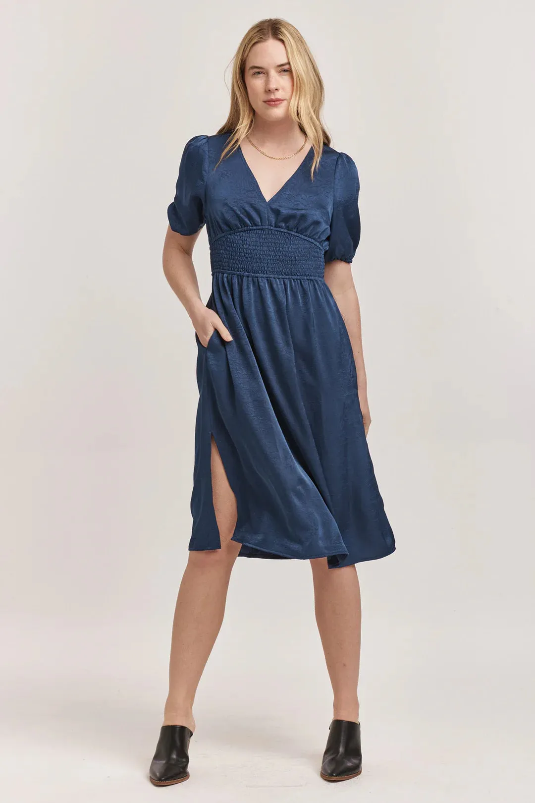 Jennifer V neck Smocked Satin Midi Dress
