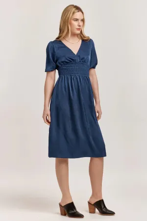 Jennifer V neck Smocked Satin Midi Dress