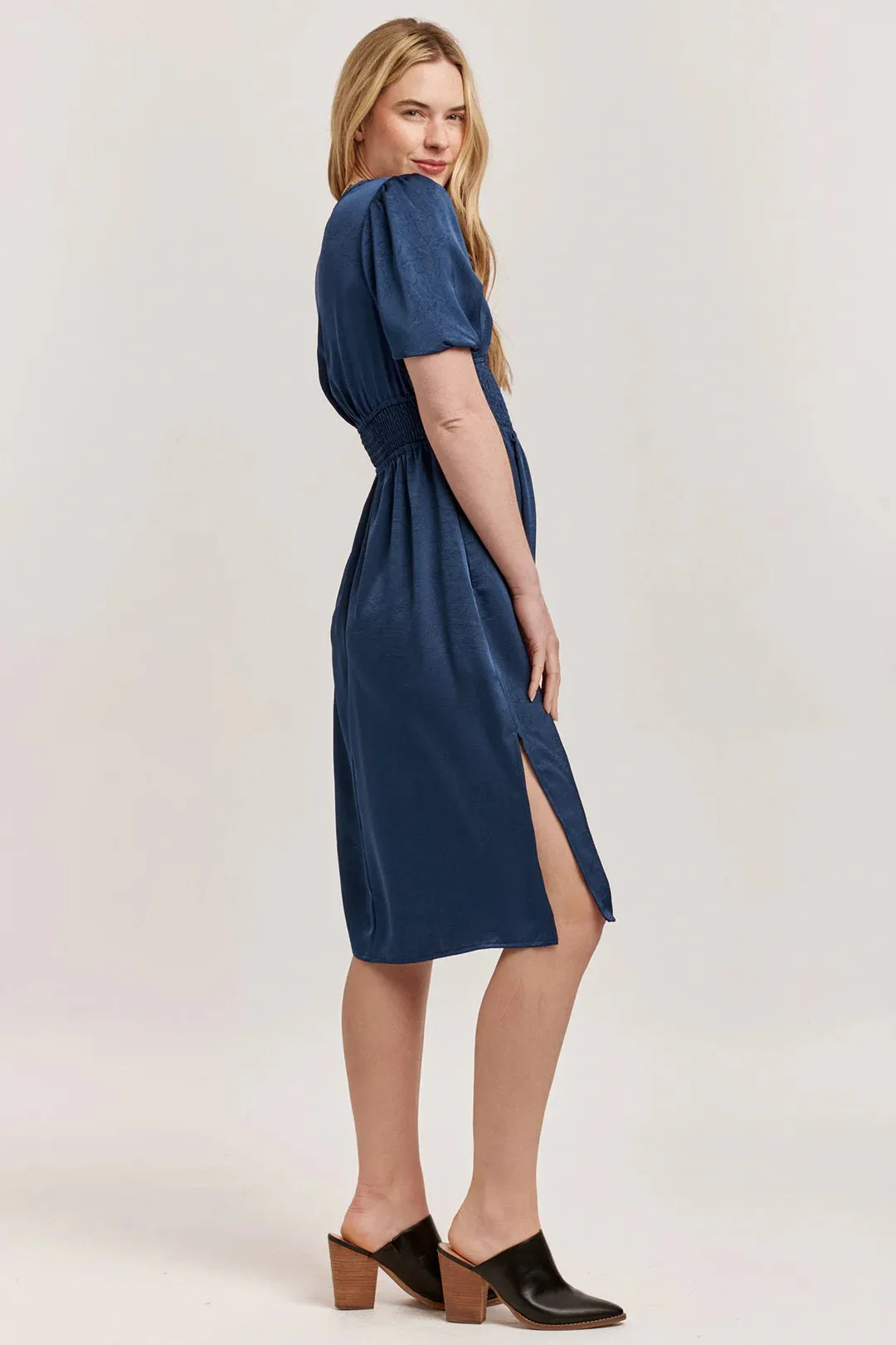 Jennifer V neck Smocked Satin Midi Dress