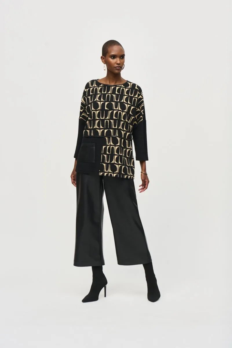 Joseph Ribkoff Black/Ecru Geometric Print Faux Leather Trim Top 243231