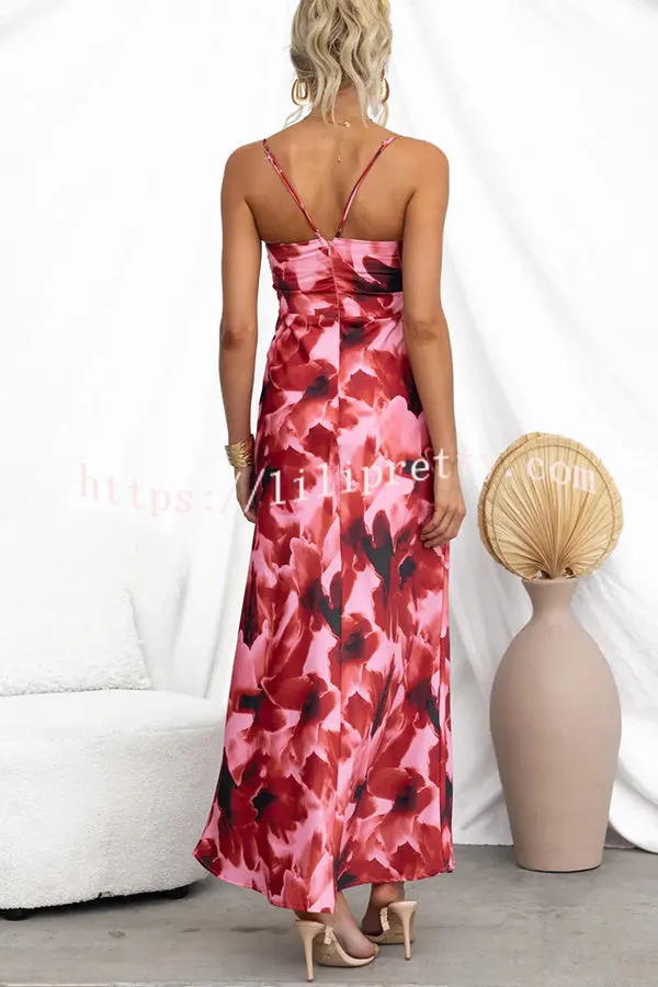 Kasian Satin Floral Print Ruched Bust Slip Maxi Dress