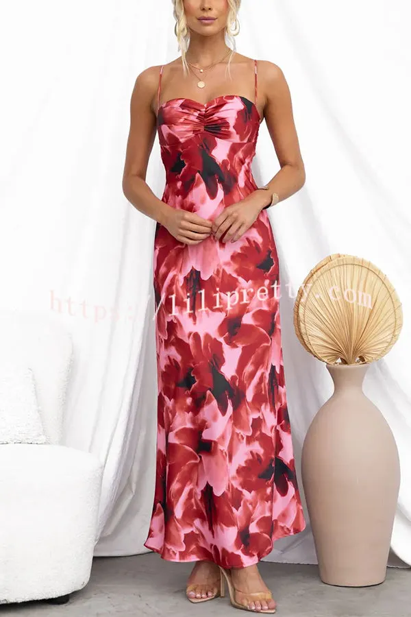 Kasian Satin Floral Print Ruched Bust Slip Maxi Dress