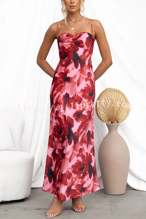 Kasian Satin Floral Print Ruched Bust Slip Maxi Dress