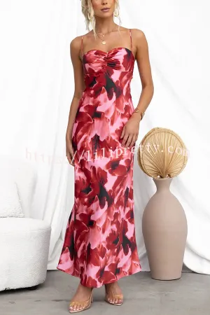Kasian Satin Floral Print Ruched Bust Slip Maxi Dress