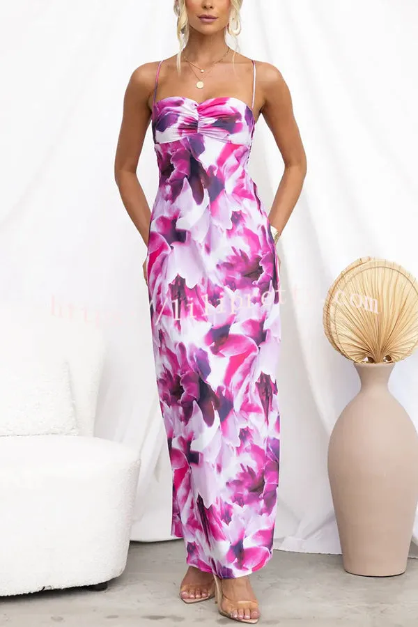 Kasian Satin Floral Print Ruched Bust Slip Maxi Dress