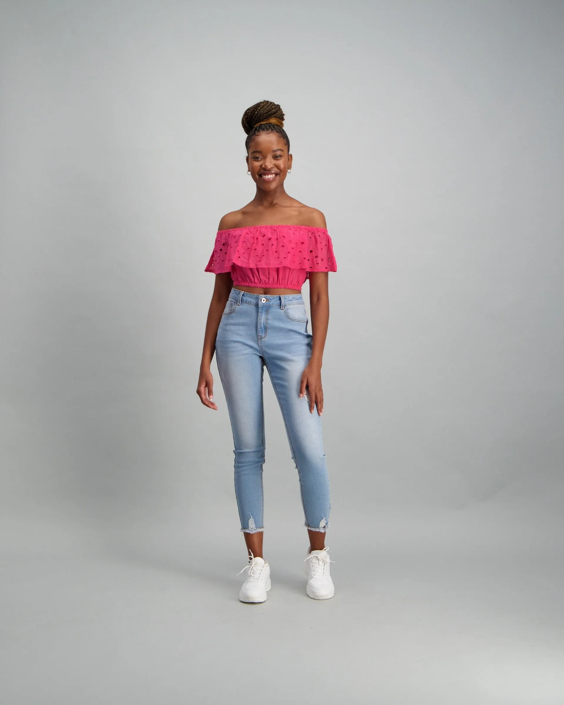 Ladies Pink Cotton Anglaise Top - Pink