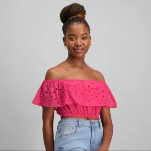 Ladies Pink Cotton Anglaise Top - Pink