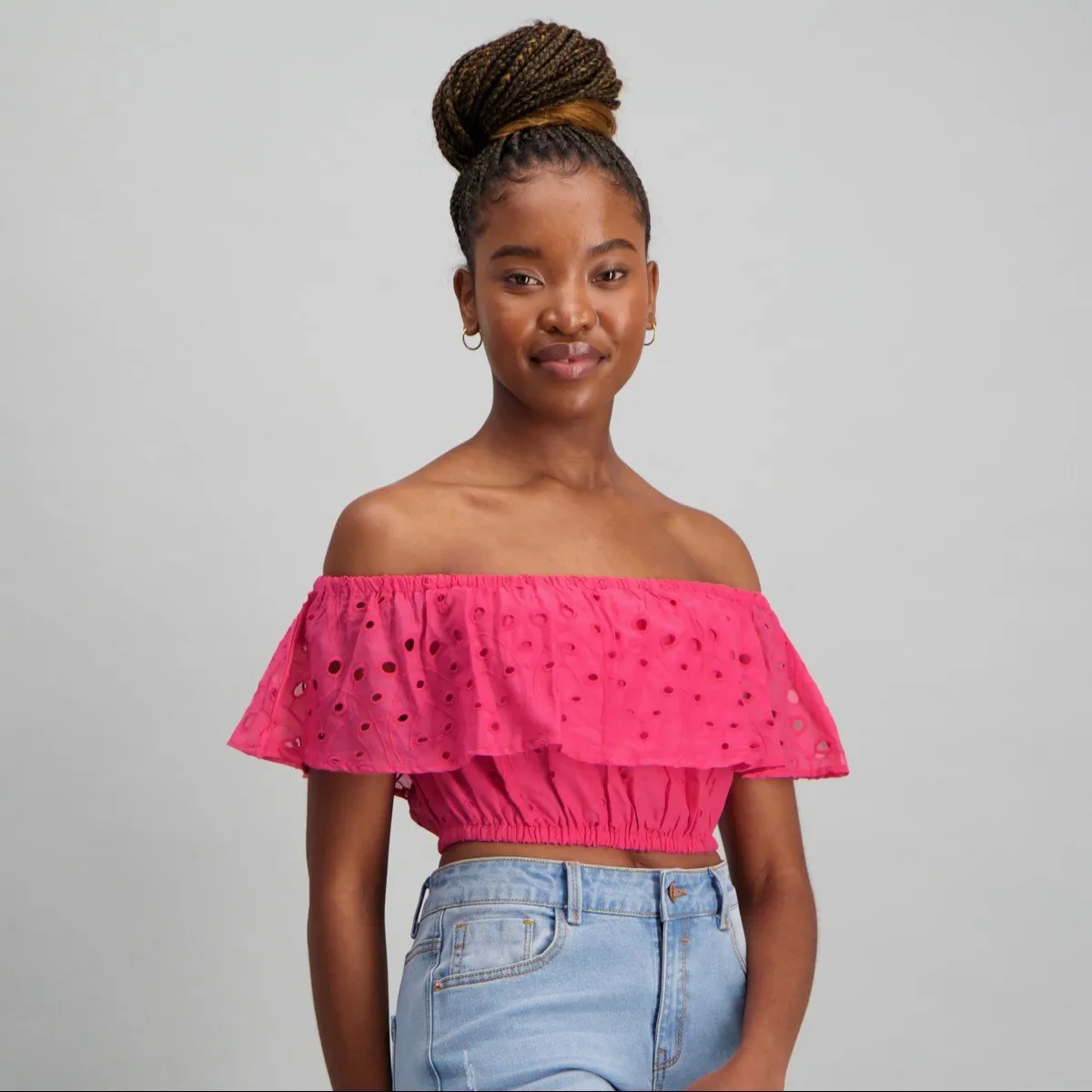 Ladies Pink Cotton Anglaise Top - Pink