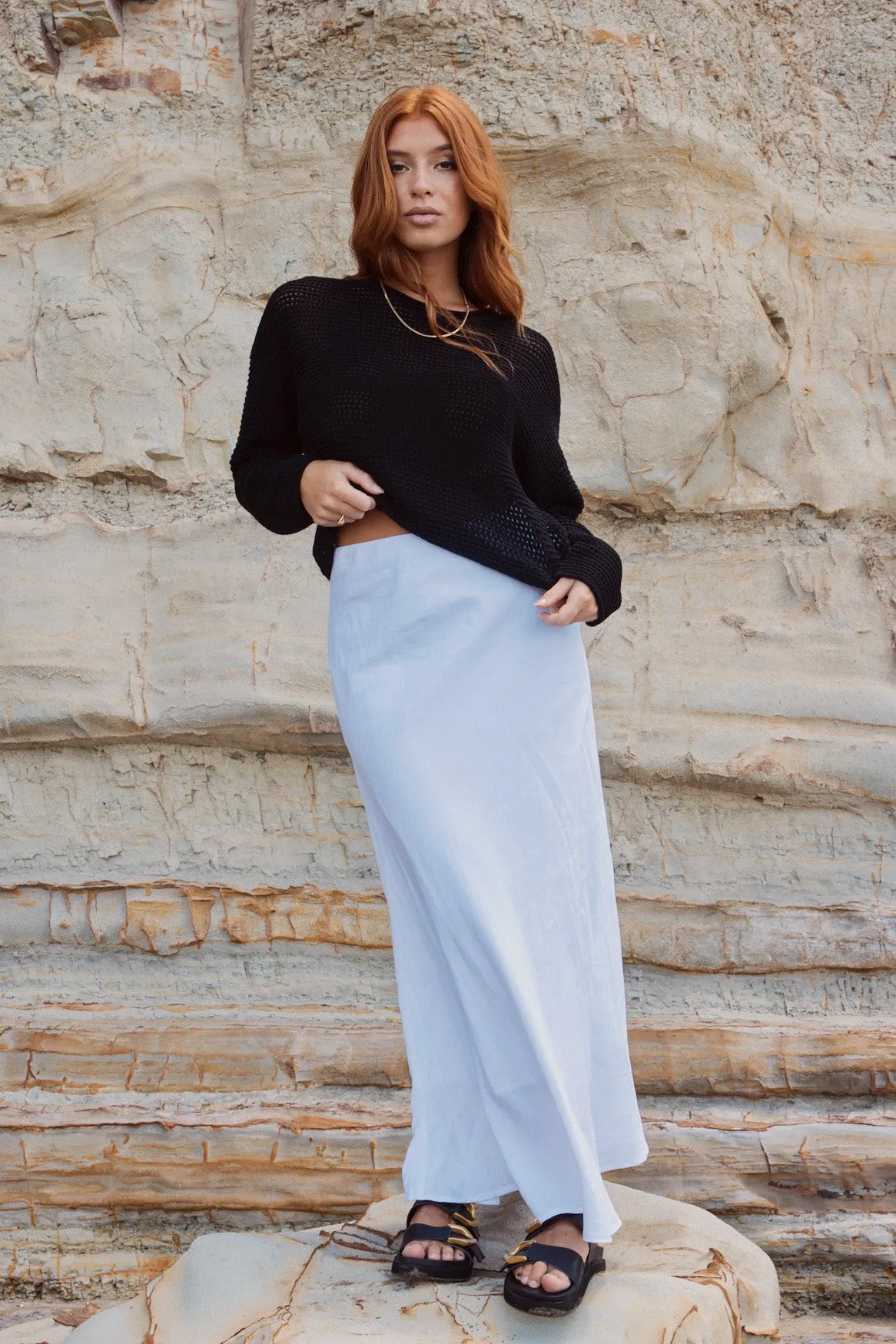 Lagos White Linen Blend Bias Maxi Skirt
