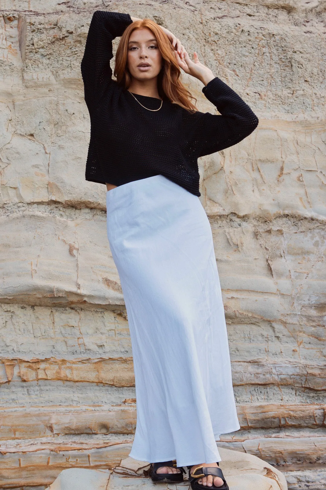 Lagos White Linen Blend Bias Maxi Skirt
