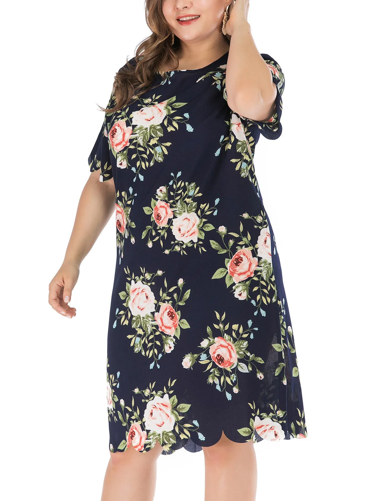 Large Size Short Sleeve Round Neck A-line Dress