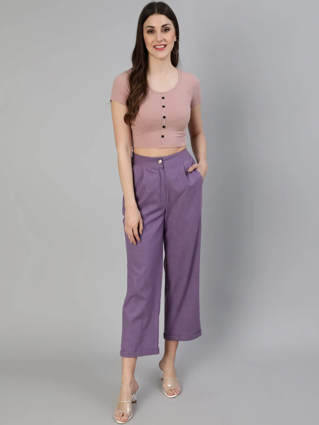 Lavender Cotton Slub Straight High Rise Bottom Fold Pants