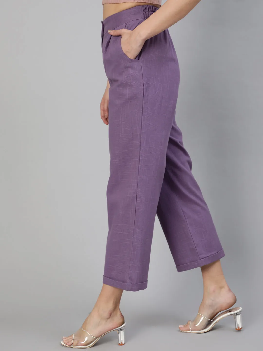 Lavender Cotton Slub Straight High Rise Bottom Fold Pants