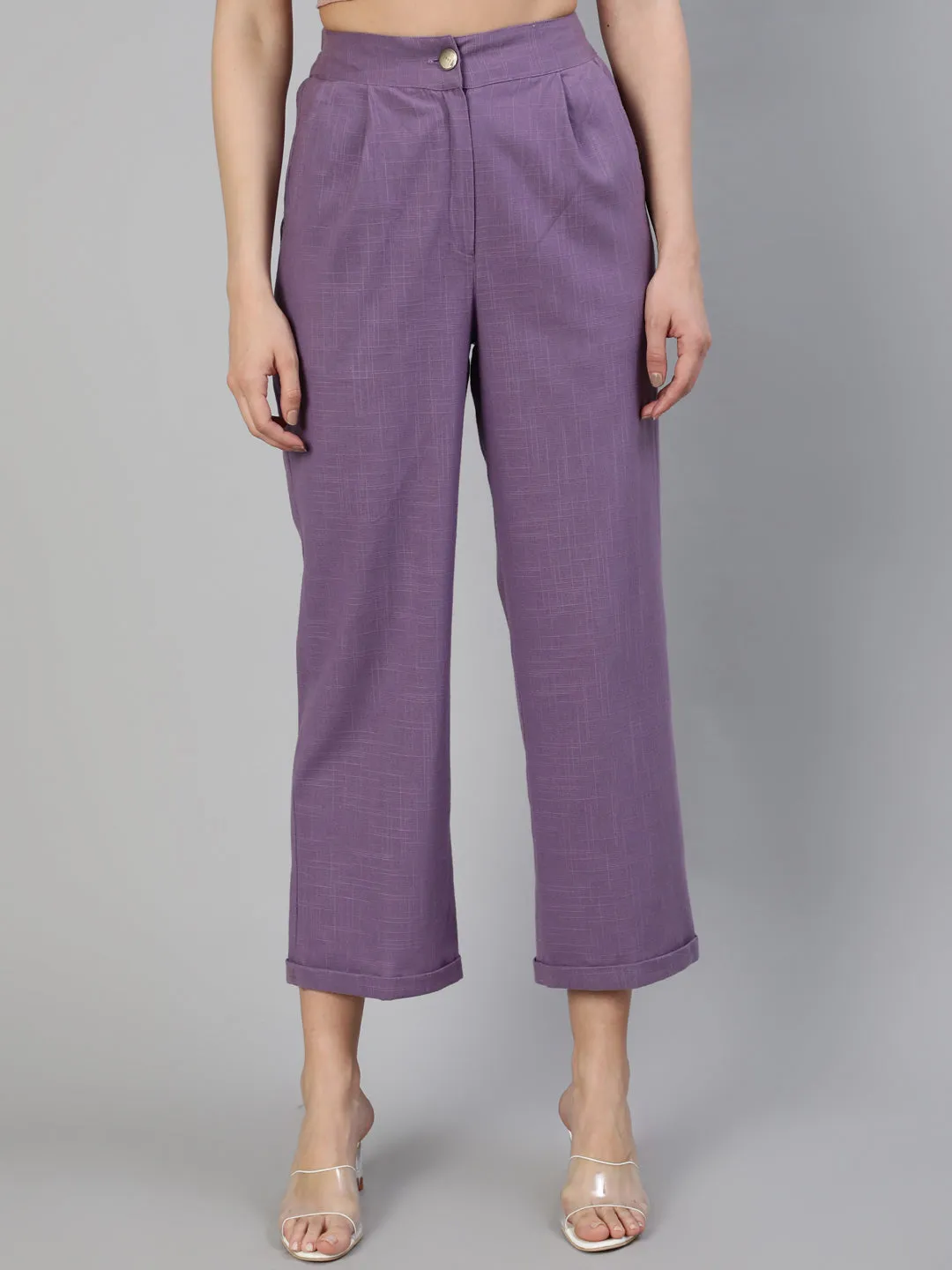 Lavender Cotton Slub Straight High Rise Bottom Fold Pants