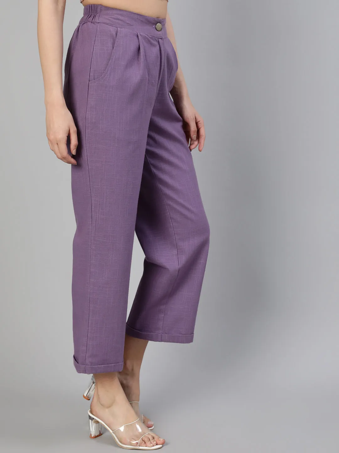 Lavender Cotton Slub Straight High Rise Bottom Fold Pants