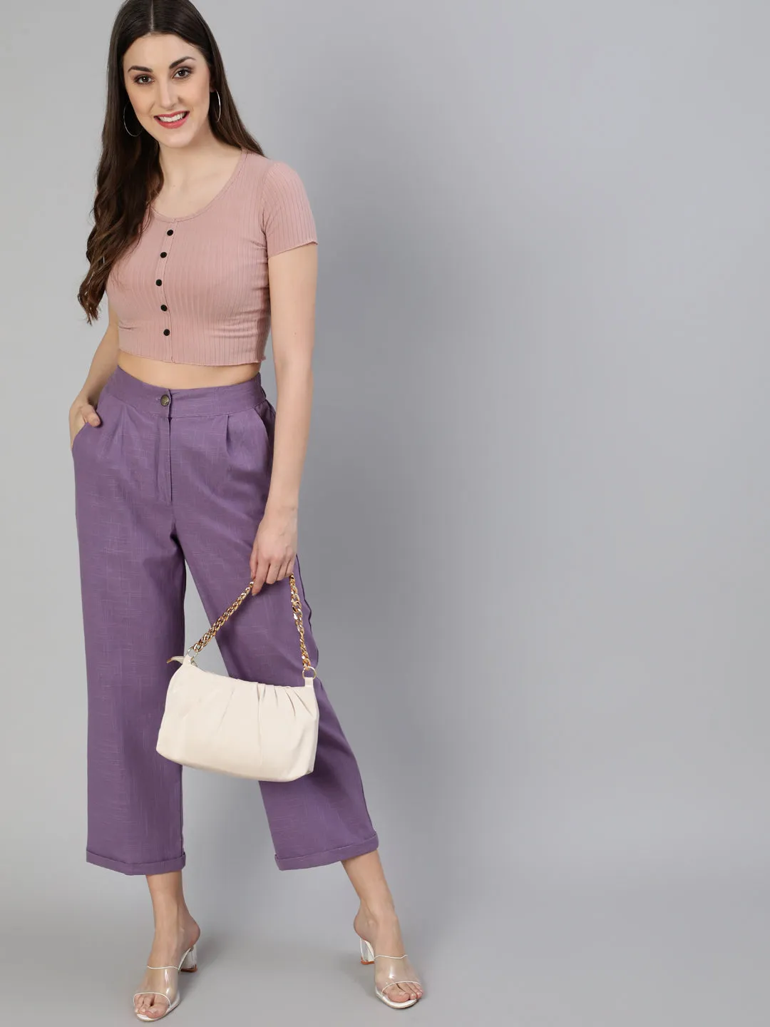 Lavender Cotton Slub Straight High Rise Bottom Fold Pants
