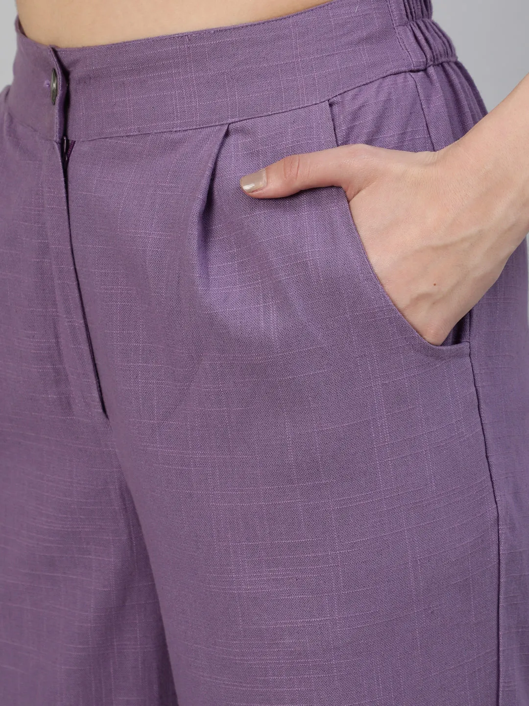 Lavender Cotton Slub Straight High Rise Bottom Fold Pants