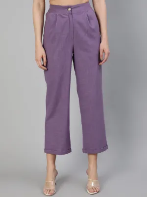 Lavender Cotton Slub Straight High Rise Bottom Fold Pants