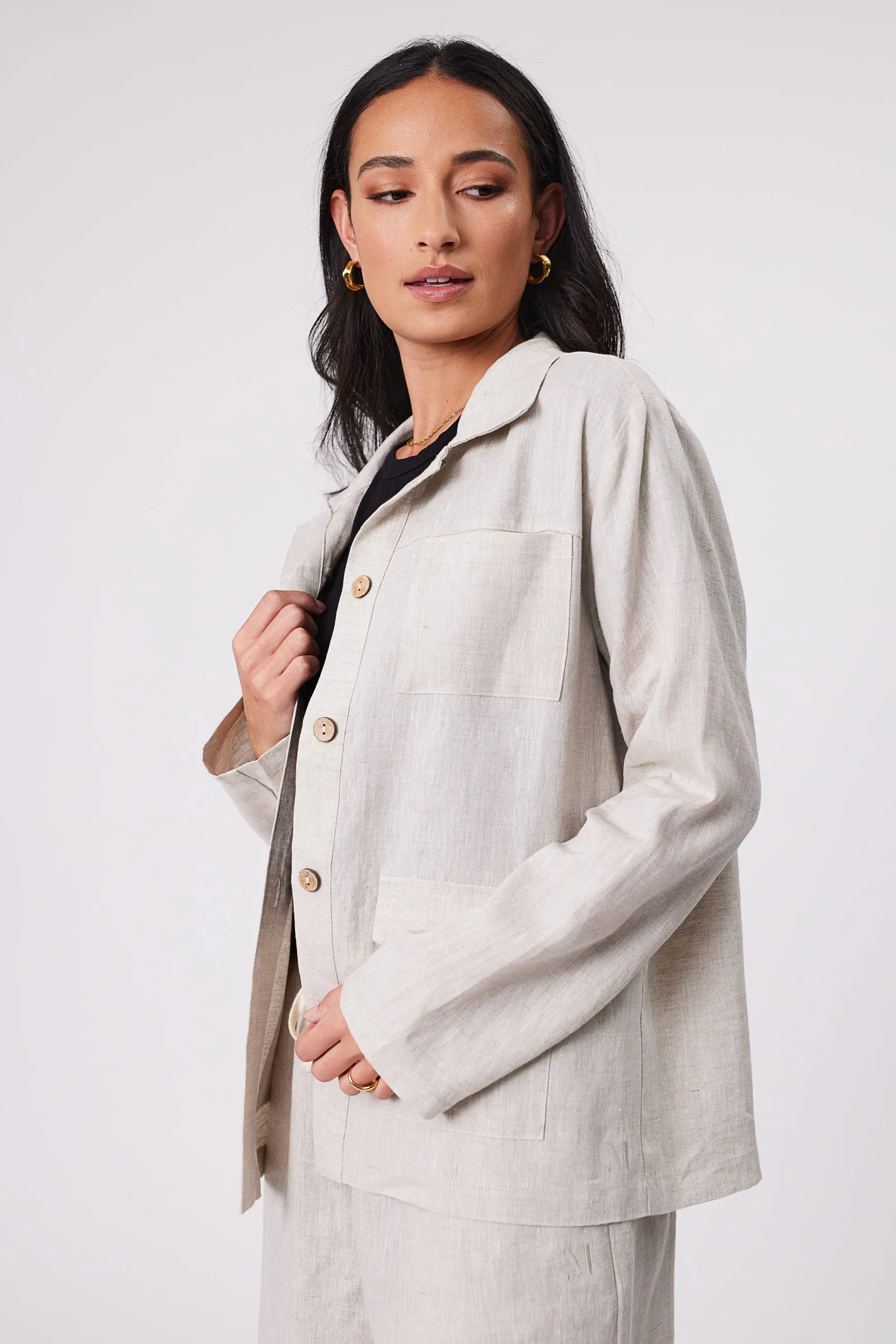 Linen Utility Shacket - Natural
