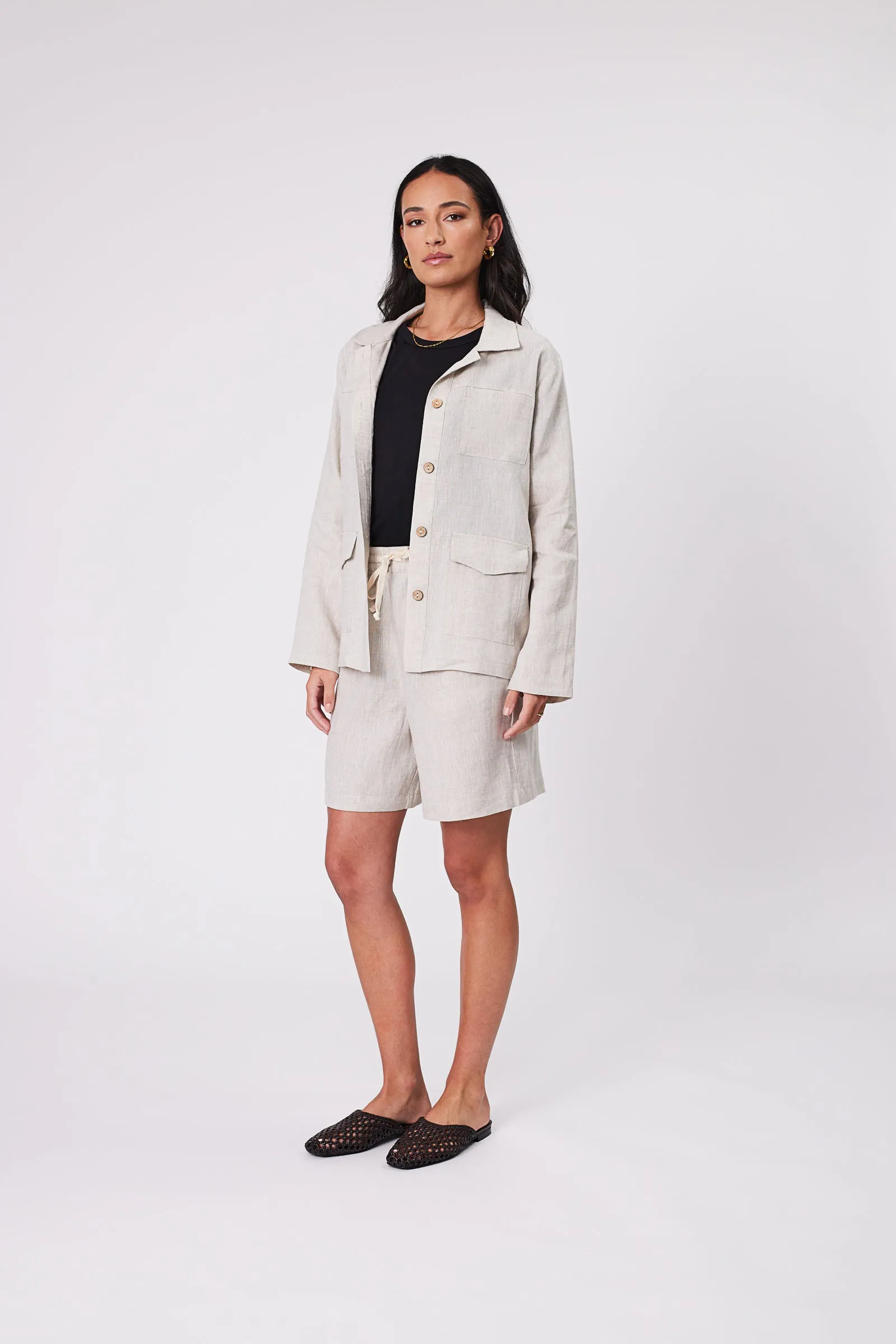 Linen Utility Shacket - Natural