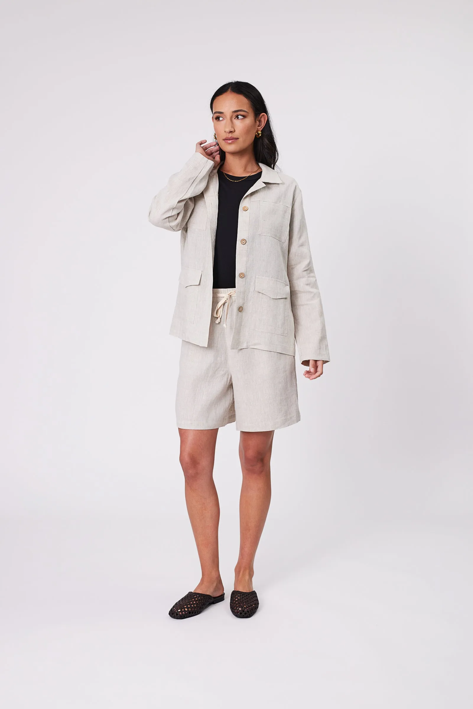Linen Utility Shacket - Natural