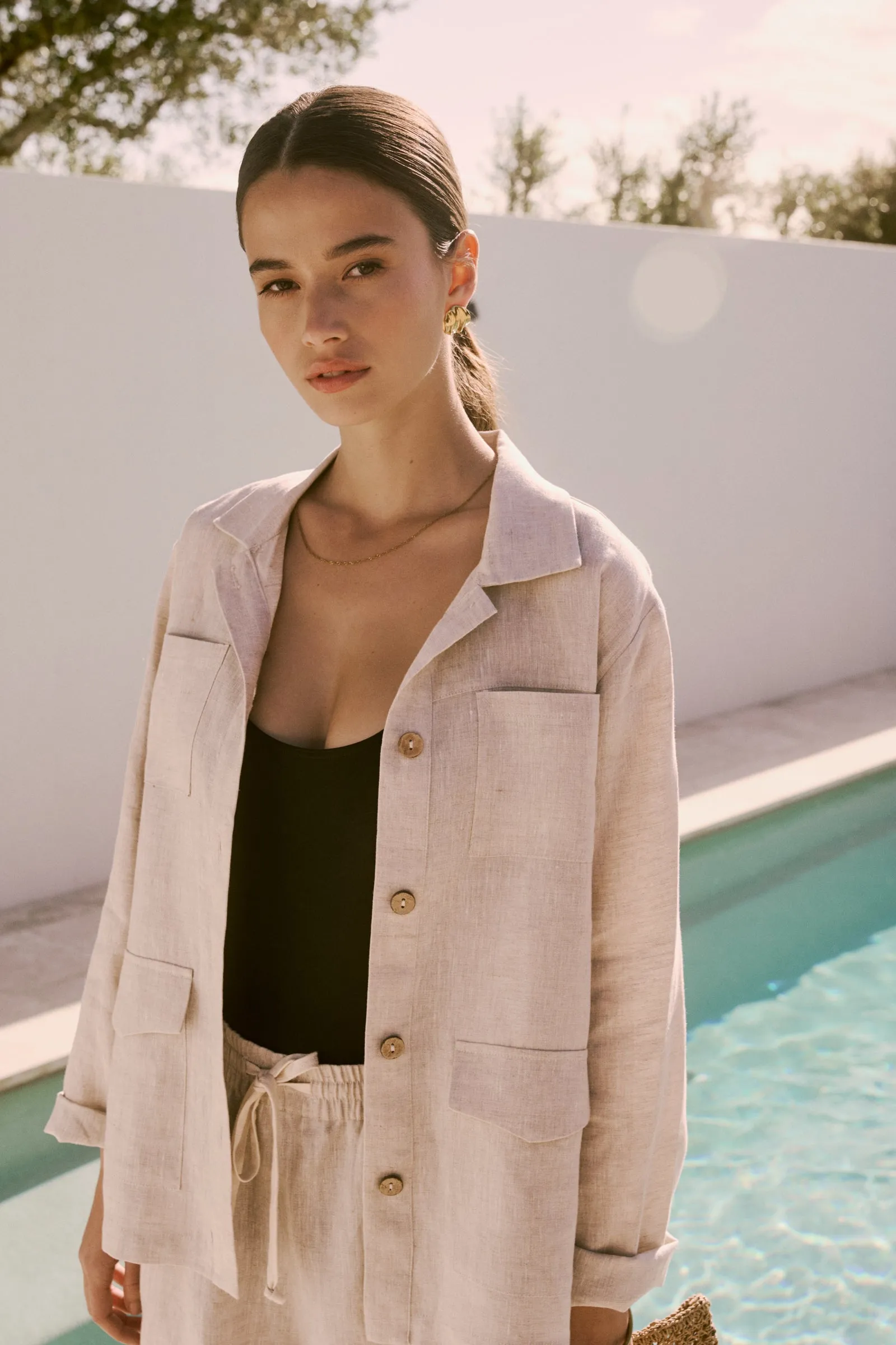 Linen Utility Shacket - Natural