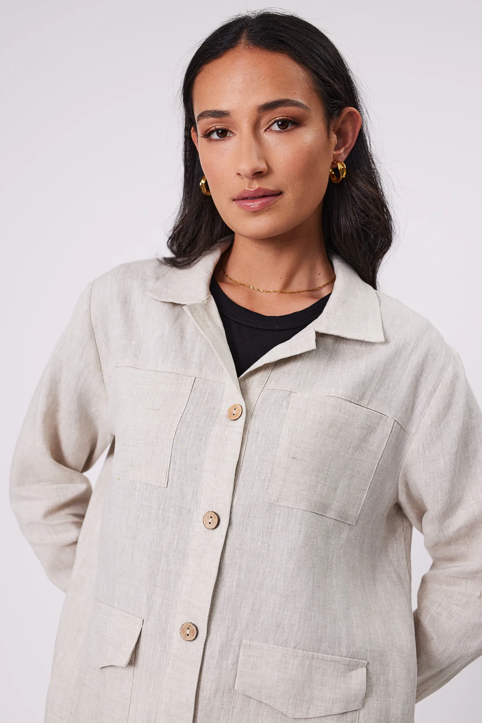 Linen Utility Shacket - Natural