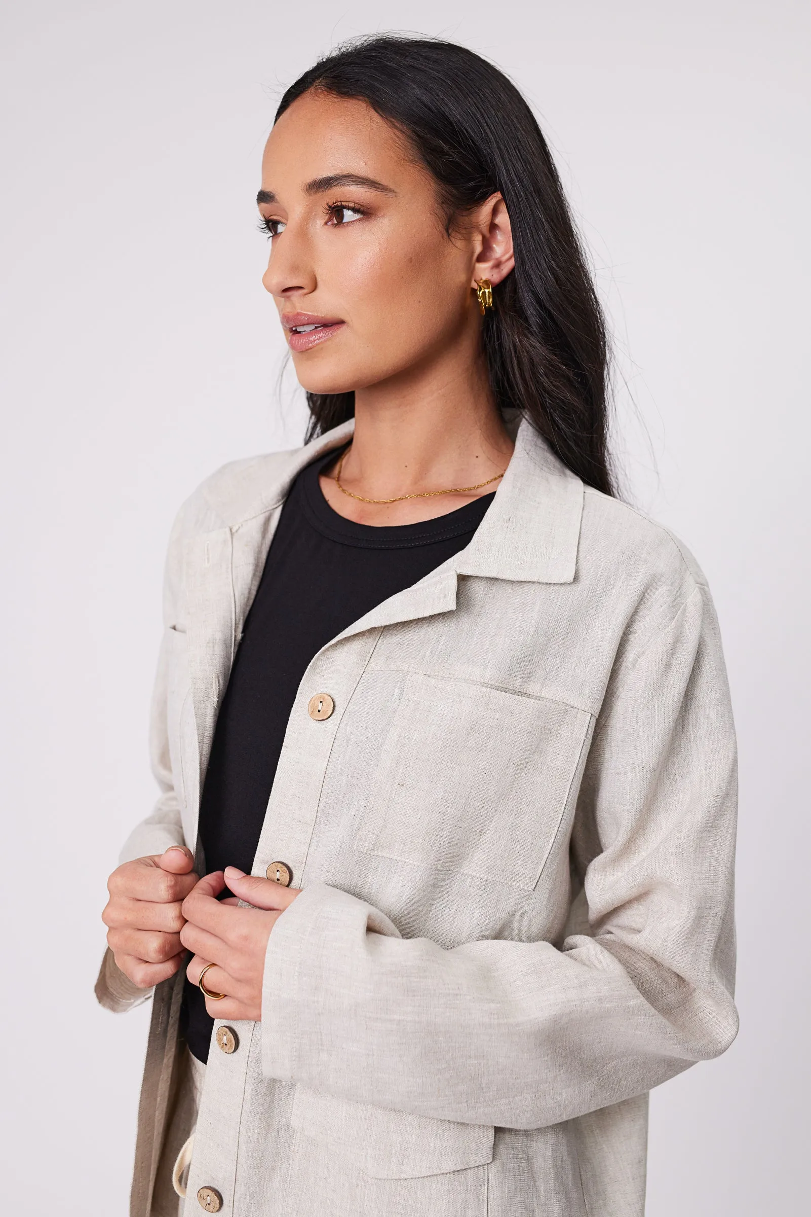 Linen Utility Shacket - Natural