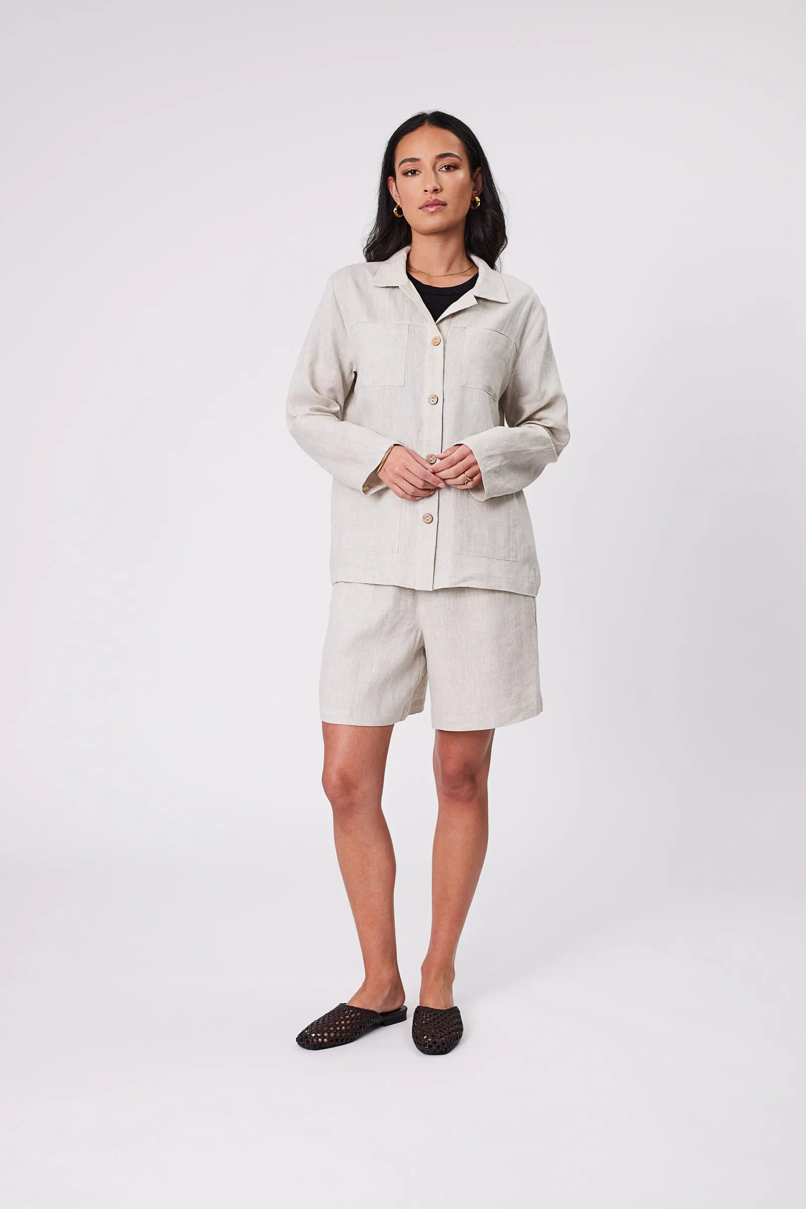 Linen Utility Shacket - Natural