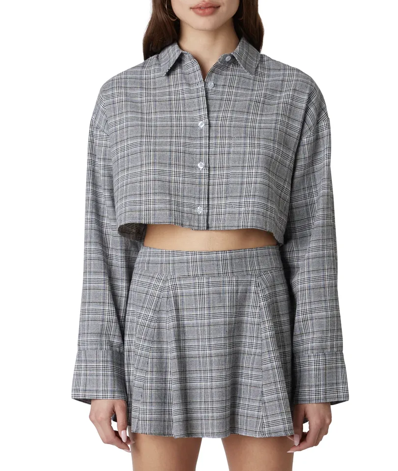 Long Sleeve Cropped Button Down Plaid Top