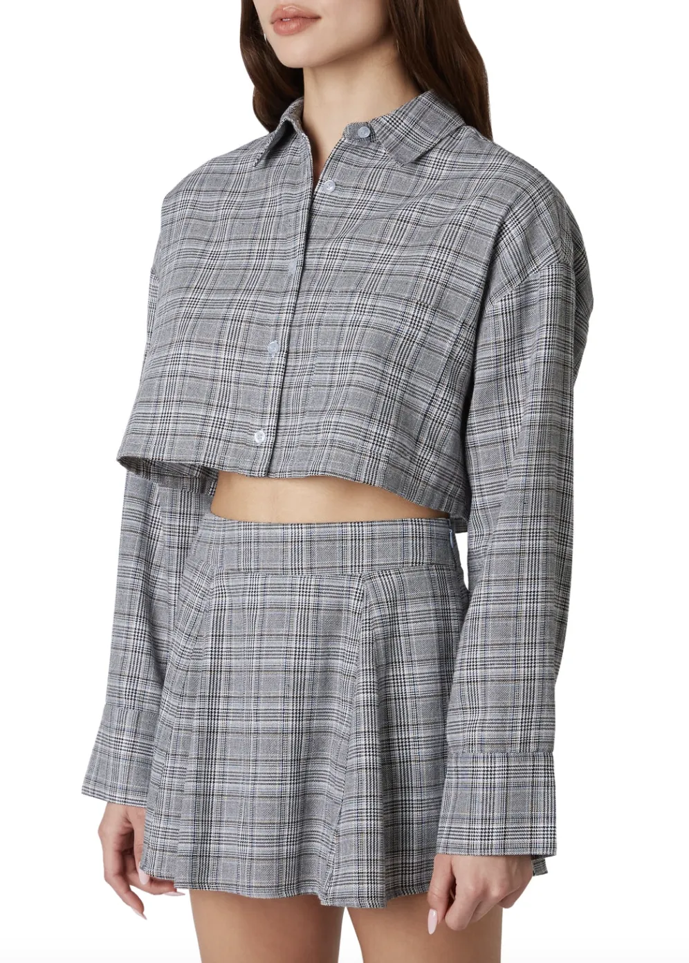 Long Sleeve Cropped Button Down Plaid Top