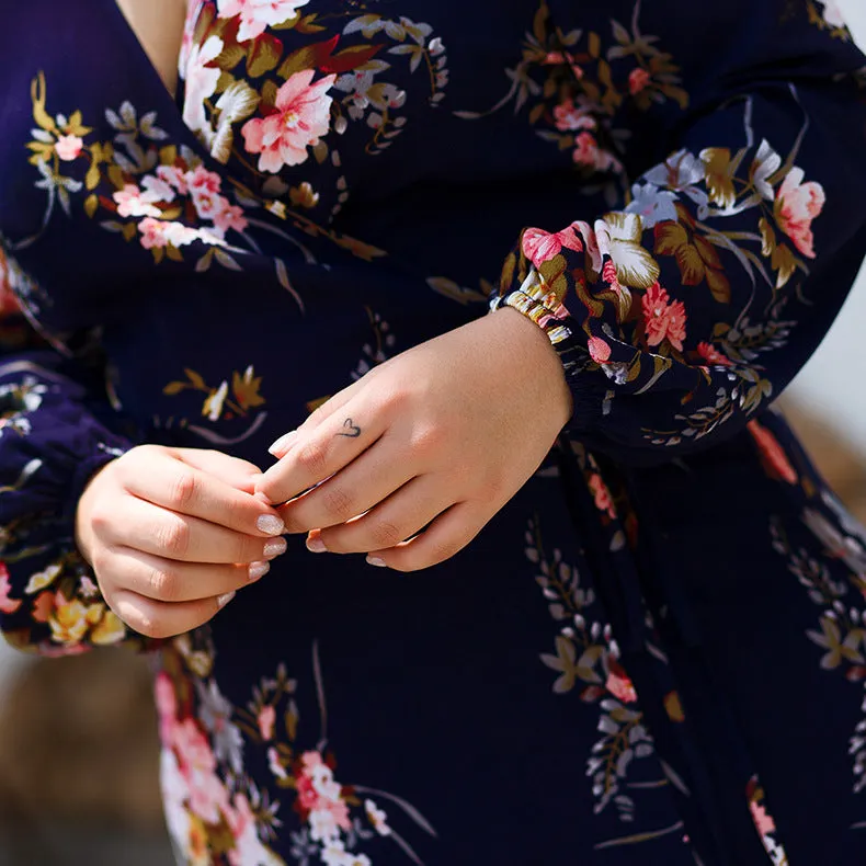 Long-sleeved V-neck Tie with High Waist and Large Size Women's Printed Dress