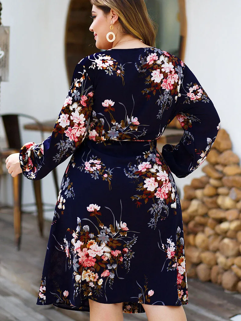 Long-sleeved V-neck Tie with High Waist and Large Size Women's Printed Dress