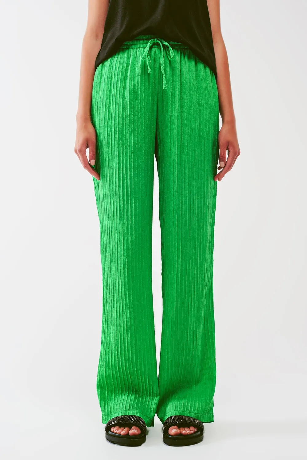 Loose Fit Striped Pants in Green