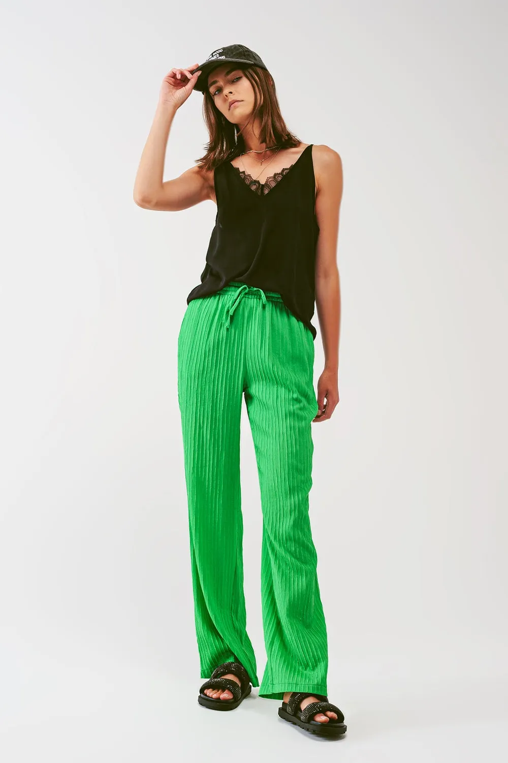 Loose Fit Striped Pants in Green