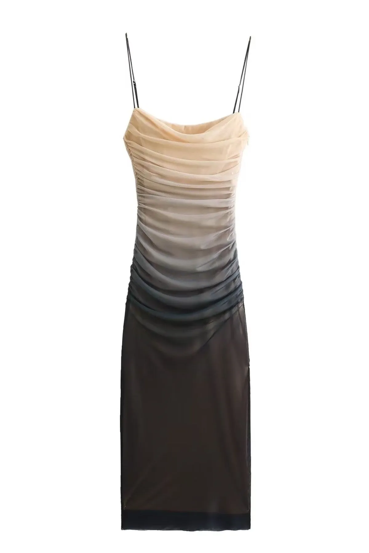 MALIA Ruched Ombré Tulle Midi Dress
