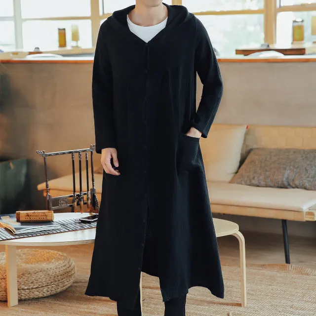 Men Long Casual Hooded Trench Coat Spring Autumn Male Loose Hoody Cardigan Jacket Outerwear Overcoat