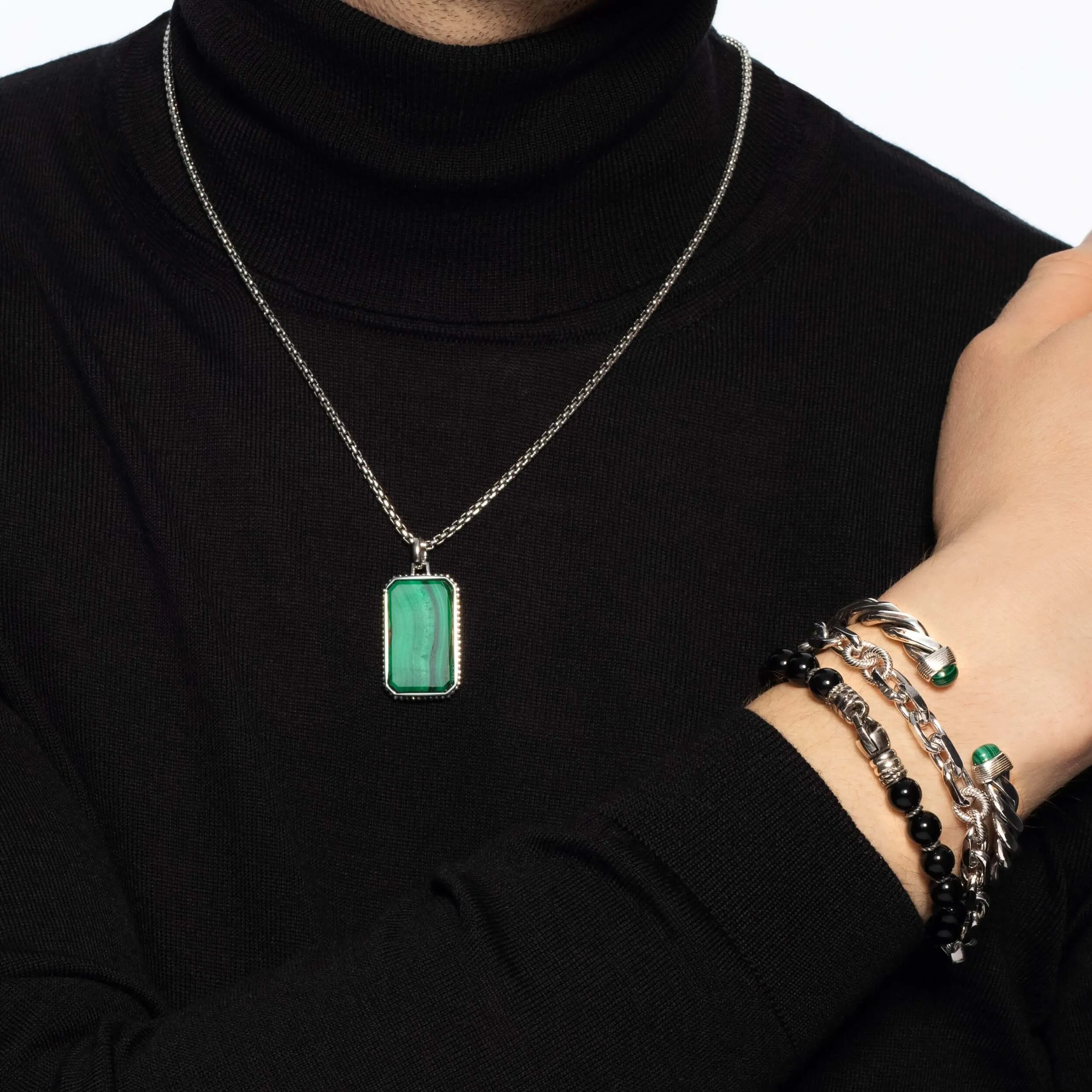Men's Silver & Malachite Cable Bracelet