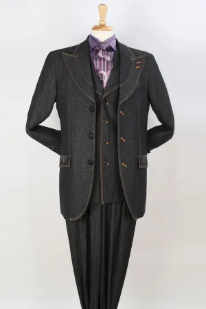 Mens Three Button Vested Peak Lapel Wide Leg Pant Fashion Denim Suit in Black