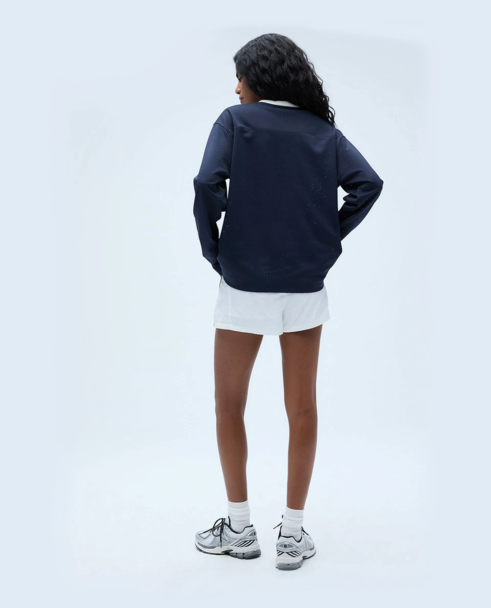 Mesh Long Sleeve Sports Jersey - Navy Blue/Marshmallow White