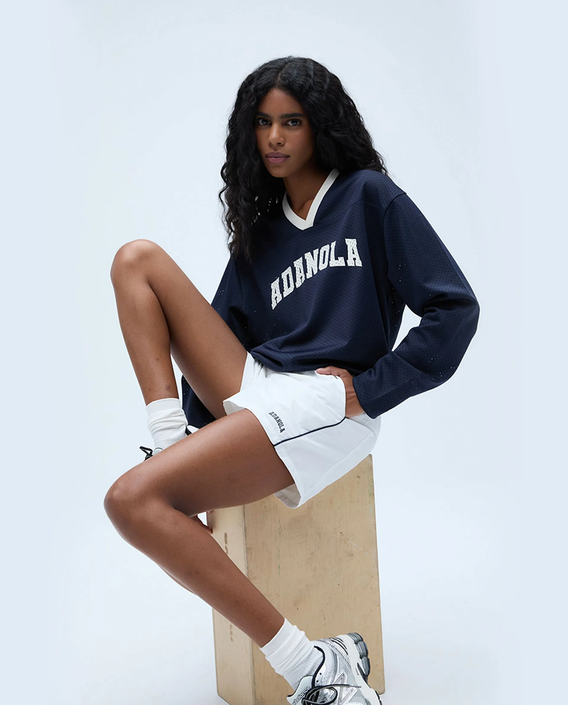 Mesh Long Sleeve Sports Jersey - Navy Blue/Marshmallow White