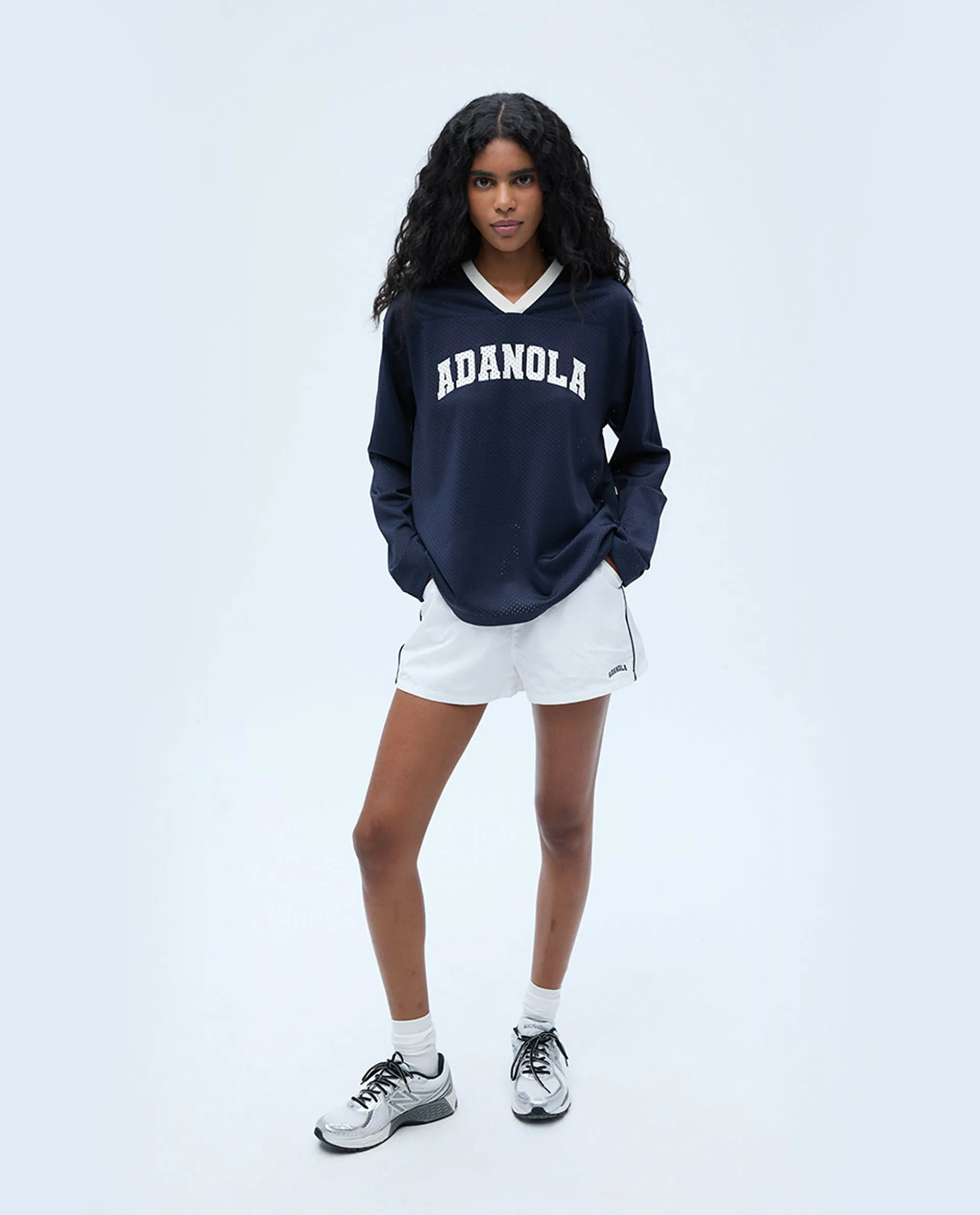 Mesh Long Sleeve Sports Jersey - Navy Blue/Marshmallow White
