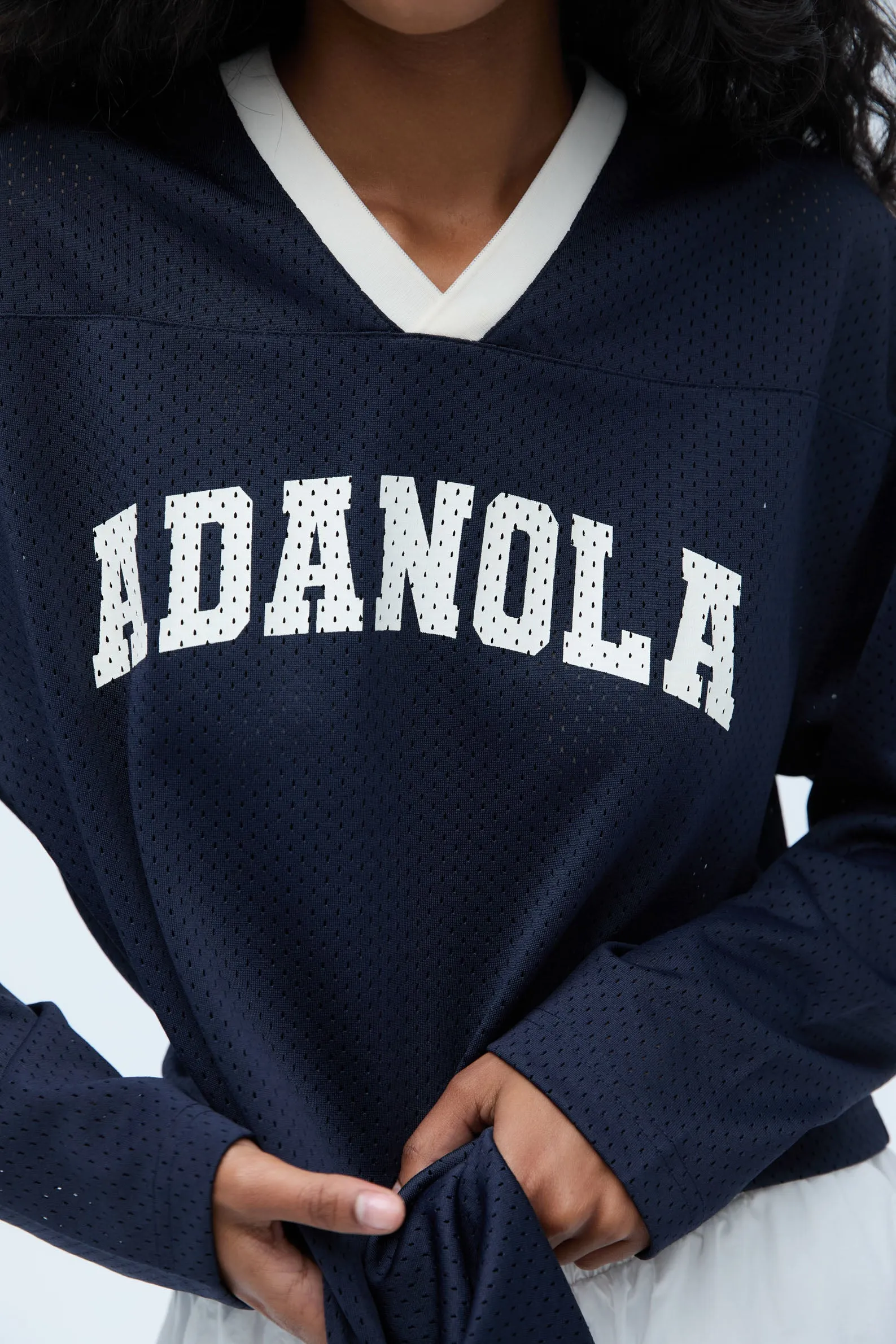 Mesh Long Sleeve Sports Jersey - Navy Blue/Marshmallow White