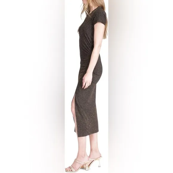 Michael Kors Women’s Metallic Ruched Short Sleeve Midi Dress Black/Gold  Size L