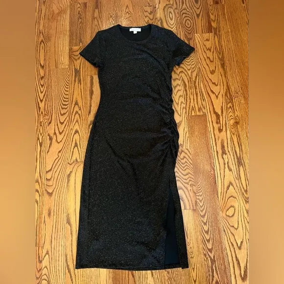 Michael Kors Women’s Metallic Ruched Short Sleeve Midi Dress Black/Gold  Size L