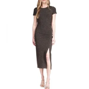 Michael Kors Women’s Metallic Ruched Short Sleeve Midi Dress Black/Gold  Size L