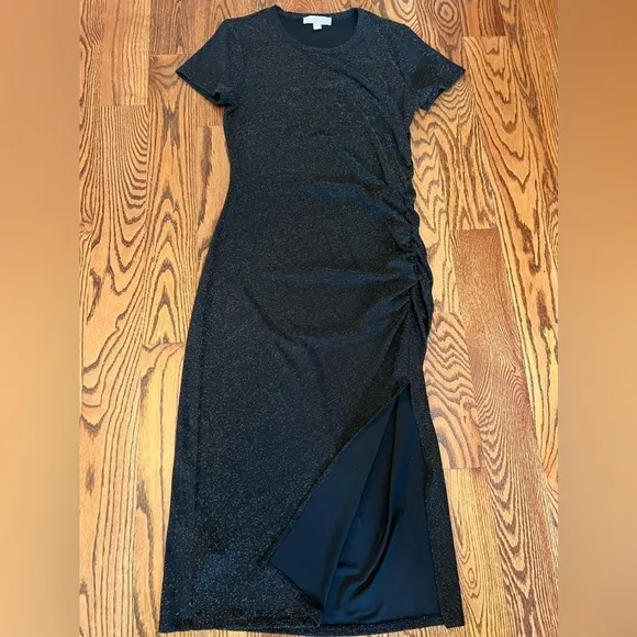 Michael Kors Women’s Metallic Ruched Short Sleeve Midi Dress Black/Gold  Size L