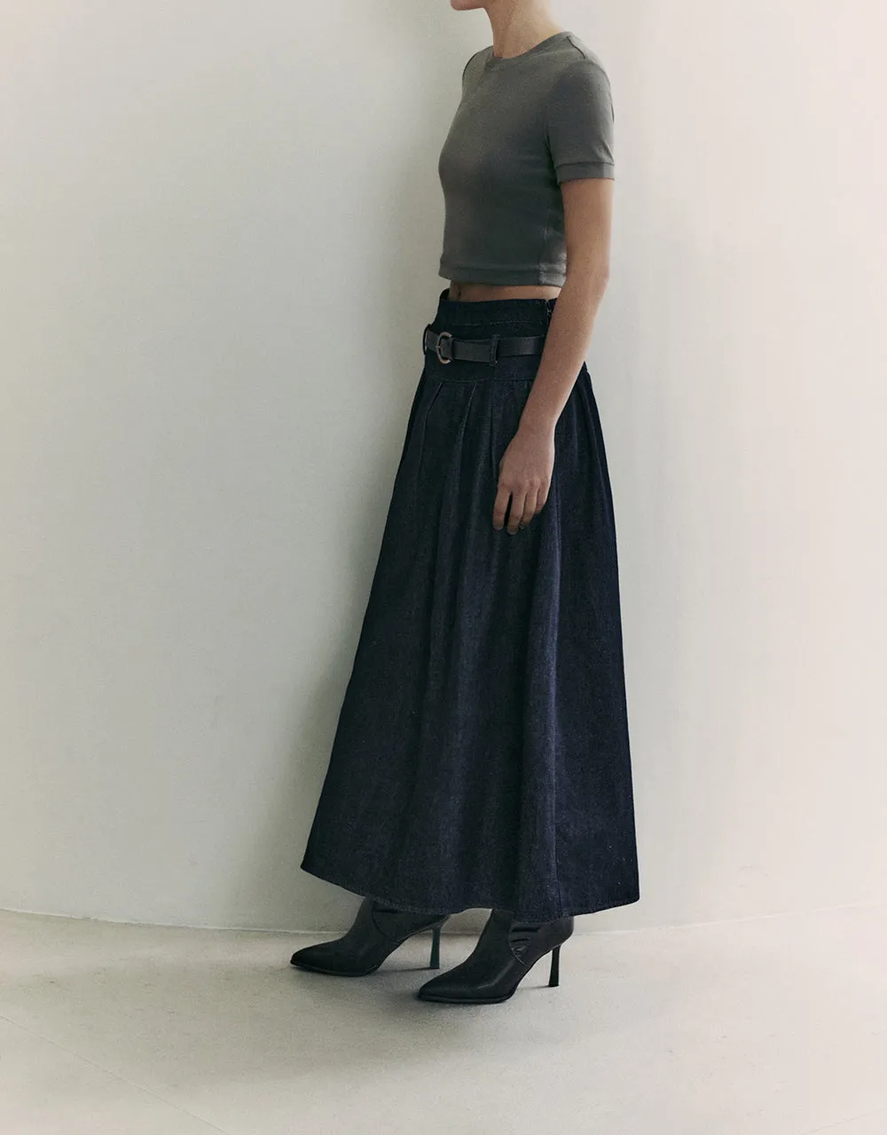 Midi A-Line Denim Skirt With Belt