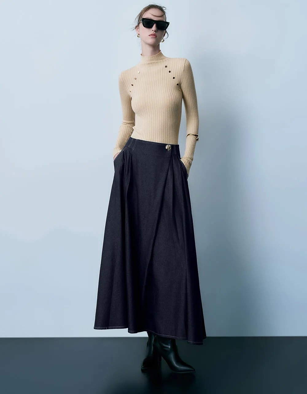 Midi A-Line Denim Skirt