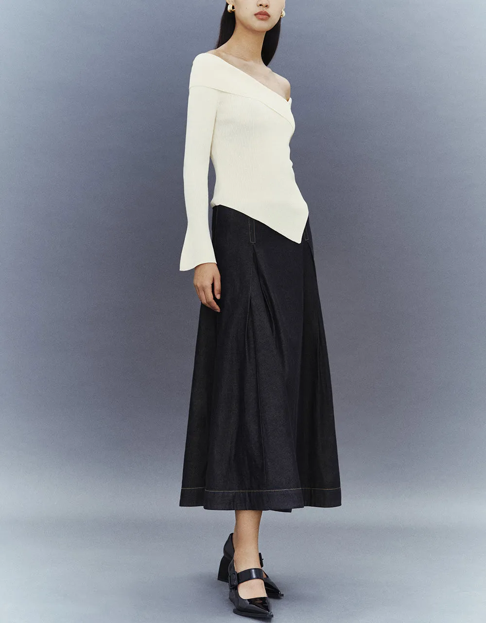 Midi A-Line Denim Skirt